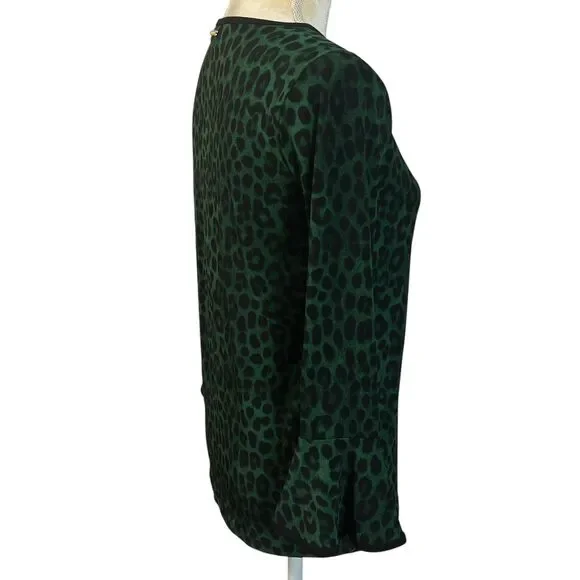 Michael Kors Women's Leopard Print Bell Sleeve Top Green Black Size XS Stretch - Picture 10 of 12